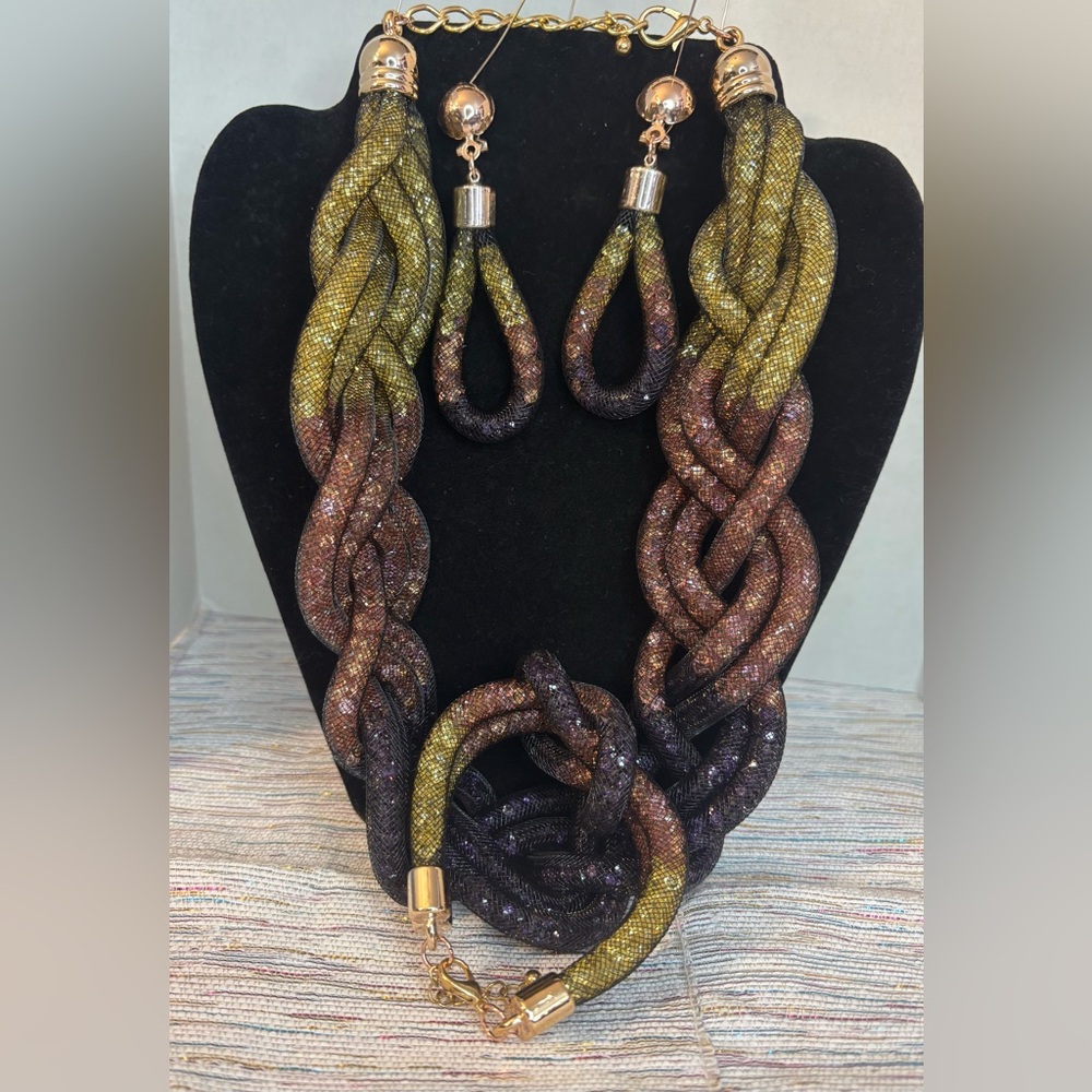 Chic Braided Necklace Earrings & Bracelet Set in Gold Purple and Brown